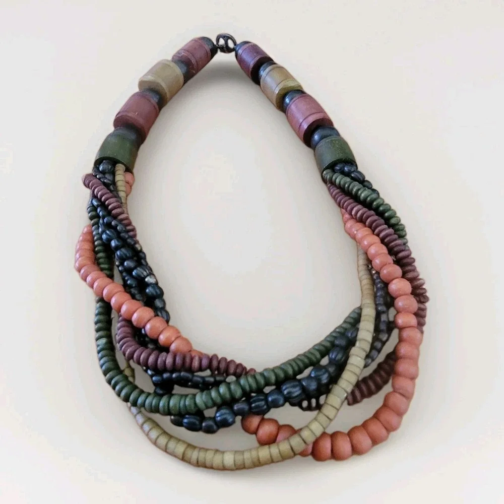 Chunky Multi Strand Wood Bead Necklace Earth Tone Boho Statement 23 Inch vtg